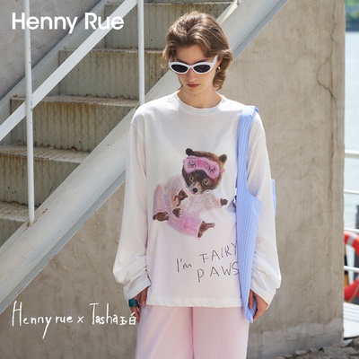 HENNY RUE亨尼露春夏女士可爱甜美小熊插画联名印花大版长袖T恤