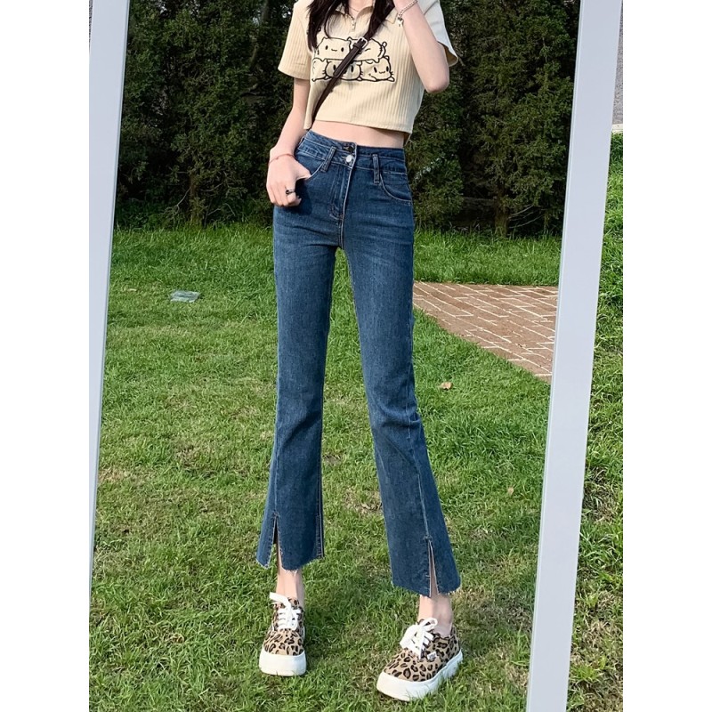 小个子直筒微喇开叉牛仔裤女2025春夏薄款高腰显瘦百搭毛边九分裤