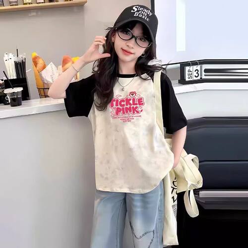 纯棉女童小熊短袖T恤2025新款儿童打底衫春夏季插肩袖中大童上衣