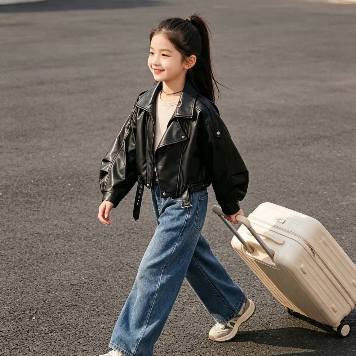 女宝秋冬新款时髦洋气皮夹克女孩潮流机车服中大女童韩版保暖外套