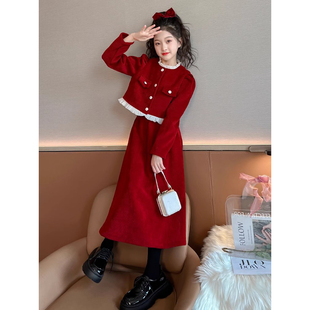 女童秋冬季连衣裙2025新款洋气儿童小香风红色过年服大童套装裙子