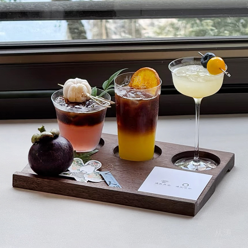 咖啡馆创意一豆三喝套装茶盘托盘木质三孔鸡尾酒杯托盘饮品玻璃杯