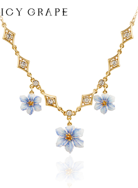 蓝色花朵项链配饰女轻奢小众