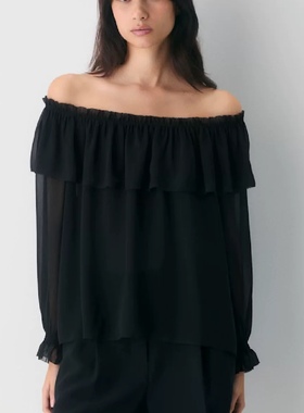 aritzia wilfred一字肩荷叶边雪纺衫女长袖宽松露肩上衣126790