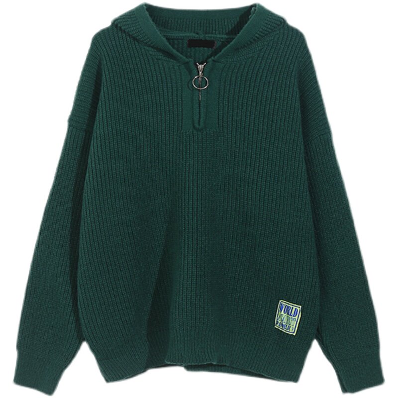 NAMAD JAPANESE FASHION BRAND PULLOVER HOODED KNITWEAR MENS AND WOMENS BF STYLE AMERICAN CASUAL HALF-ZIP SWEATER SOLID COLOR INS