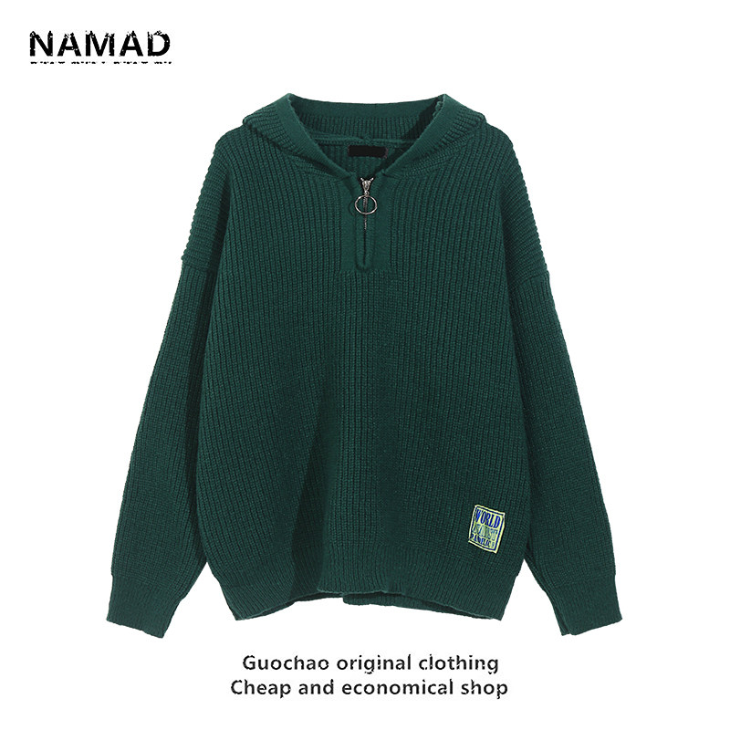 NAMAD JAPANESE FASHION BRAND PULLOVER HOODED KNITWEAR MENS AND WOMENS BF STYLE AMERICAN CASUAL HALF-ZIP SWEATER SOLID COLOR INS
