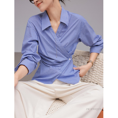 酒窝定制条纹设计感长袖收腰衬衫
