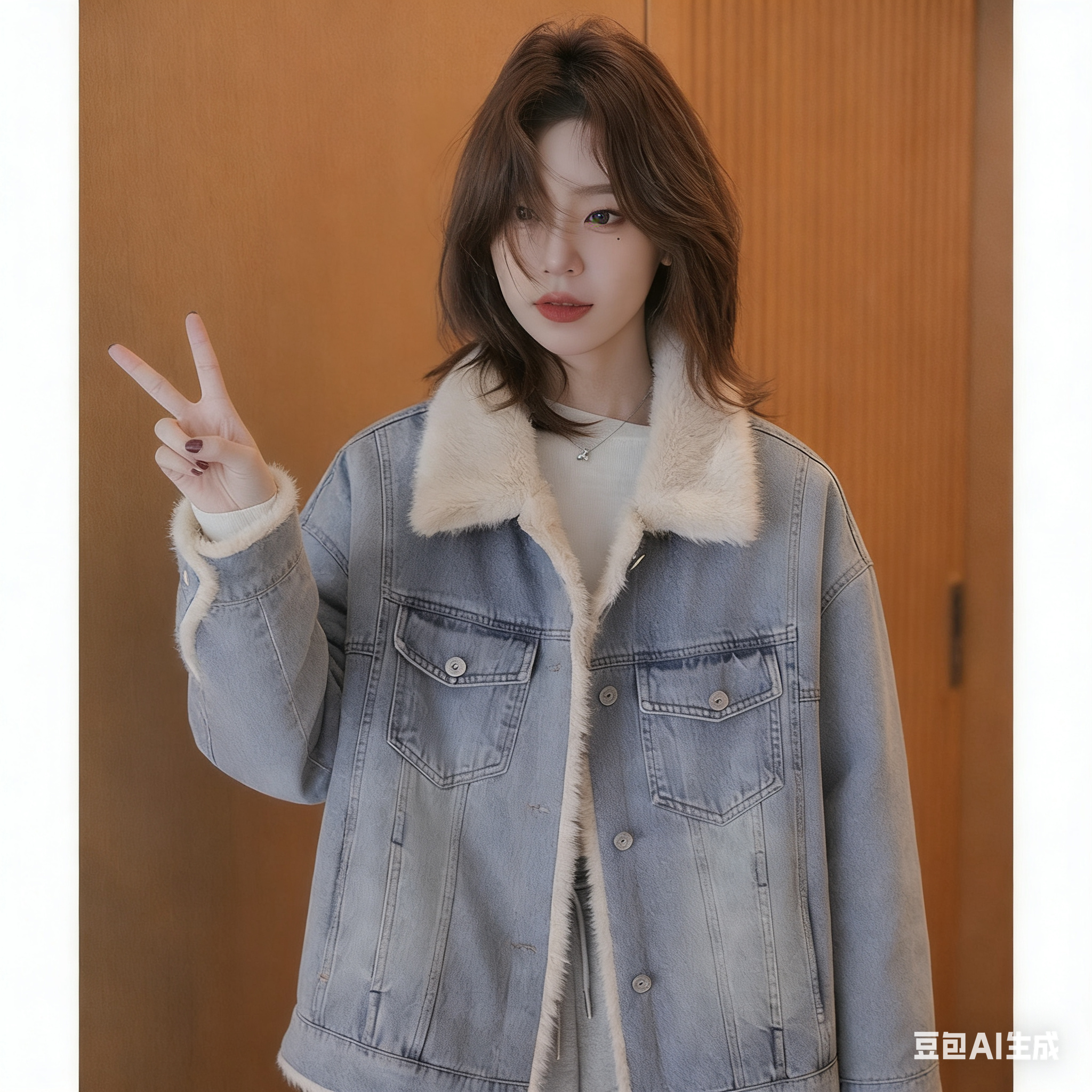 秋冬新款加绒加厚保暖牛仔外套毛绒拼接口袋复古街头机车大衣女装