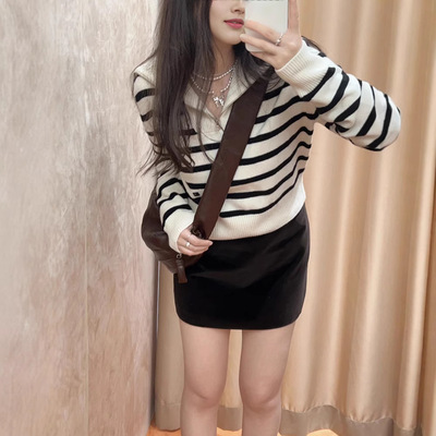 加厚毛衣外套时髦衣服百搭毛衣宽松原宿时尚内搭印花弹力慵懒条纹