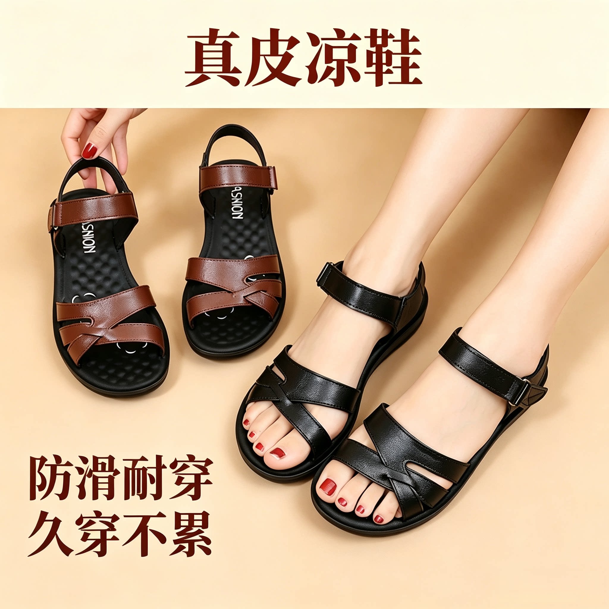 厂家直销新款女式头层牛皮休闲舒适妈妈凉鞋中老年女鞋批发凉拖鞋