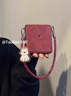 ins玫红西高地狗狗适用小米MIXFlip华为Pocket2手机壳FindN3Flip折叠三星Zflip6/5/4/3手绳novaFlip荣耀VFlip
