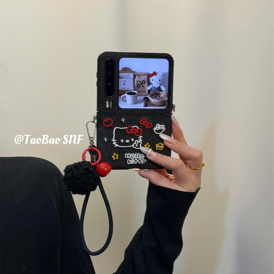 ins黑色牛仔刺绣kt猫适用Pura X华为Pocket2手机壳小米MIXFlip2折叠FindN3Flip三星Zflip7/6/5nova荣耀VFlip2