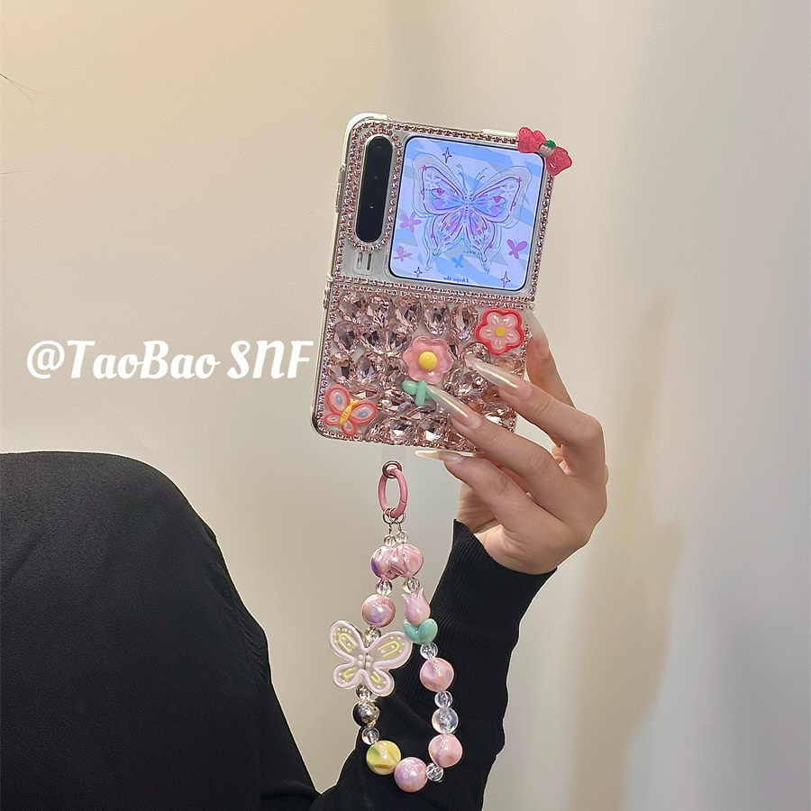 ins水钻花朵蝴蝶适用PuraX华为Pocket2手机壳小米MIXFlip2折叠FindN3Flip三星Zflip6/5手链novaFlip荣耀VFlip