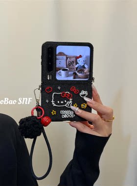 ins黑色牛仔刺绣猫咪适用华为PuraX手机壳Pocket2小米MIXFlip2折叠FindN3Flip三星Zflip8/7/6/5nova荣耀VFlip