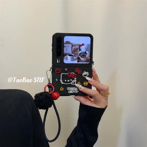 ins黑色牛仔刺绣猫咪适用华为PuraX手机壳Pocket2小米MIXFlip2折叠FindN3Flip三星Zflip8/7/6/5nova荣耀VFlip