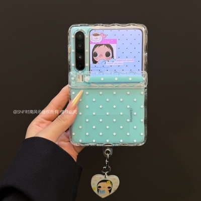 薄荷绿波点小玉挂件适用Pura X华为Pocket2手机壳小米MIXFlip折叠屏FindN3Flip中轴保护三星GalaxyZFlip7/6/5