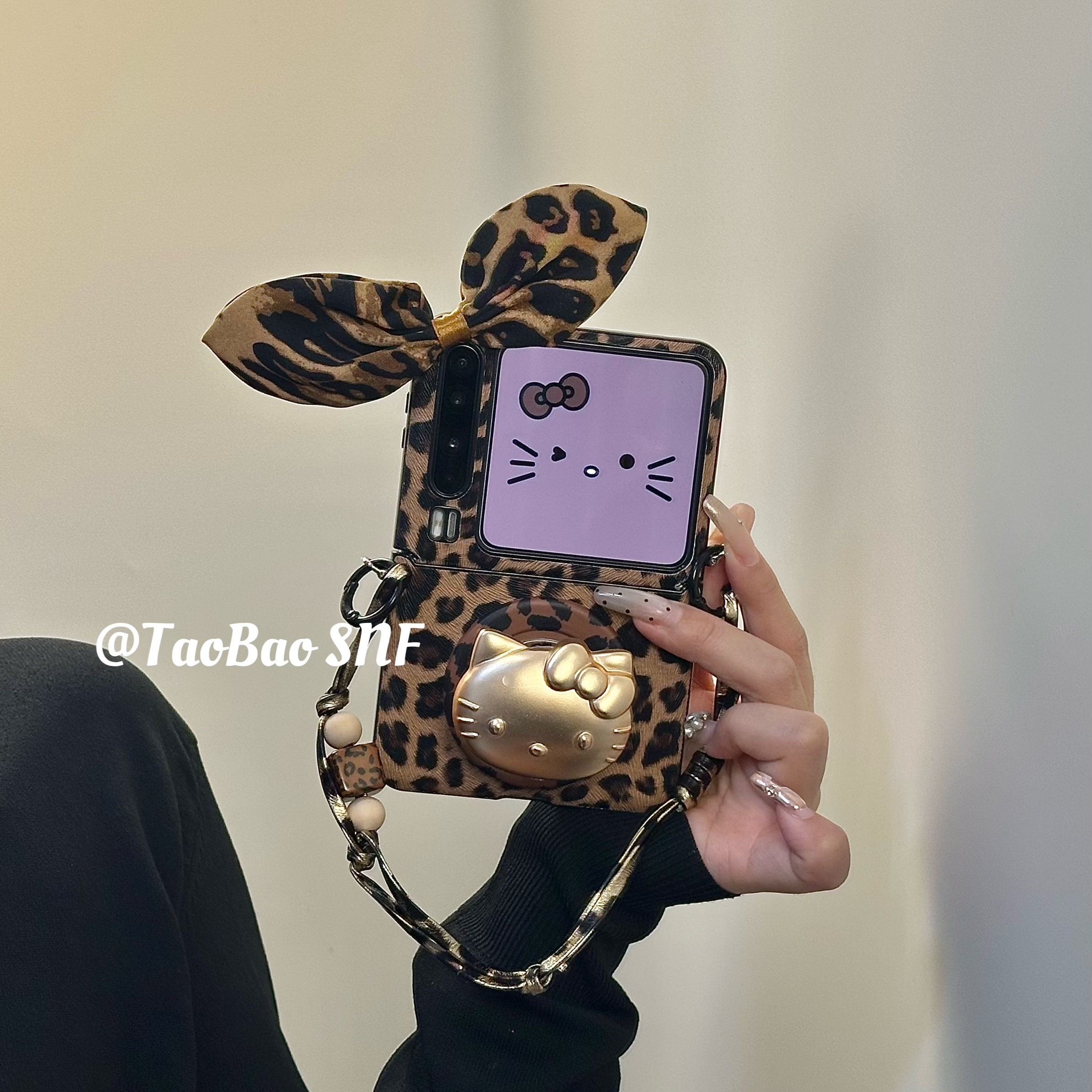 秋冬豹纹蝴蝶结kt猫支架适用Pura X华为Pocket 2手机壳小米MIXFlip2折叠FindN3Flip三星Zflip7/6/5荣耀VFlip2