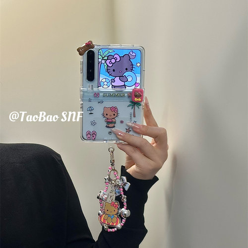 ins海摊黑皮kt猫适用Pura X华为Pocket 2手机壳小米MIXFlip折叠FindN3Flip三星Zflip7/6/5手链nova荣耀VFlip2