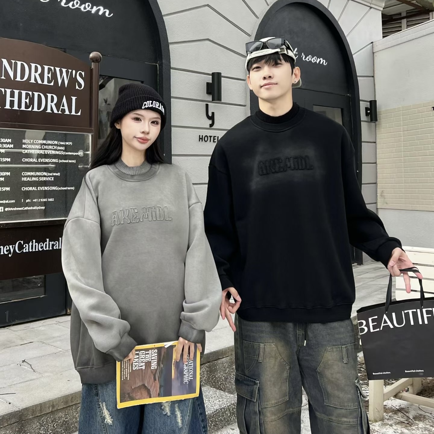 欧美hiphop嘻哈刺绣字母宽松加绒撞色扎染半高领卫衣情侣男女BF