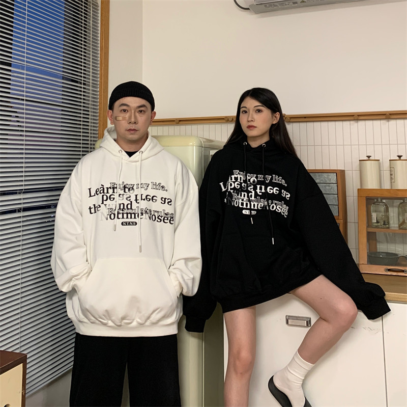 FTR/秋冬欧美字母宽松大码慵懒风oversize套头连帽卫衣情侣装男女