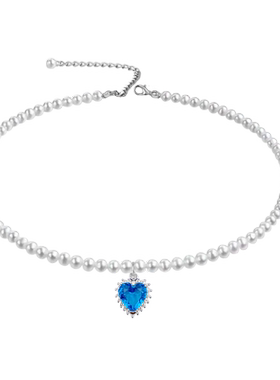 超美蓝色水晶海洋之心项链女小米珍珠锁骨链简约轻奢气质高级配饰