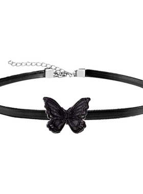 独特小众设计黑色蕾丝蝴蝶颈链