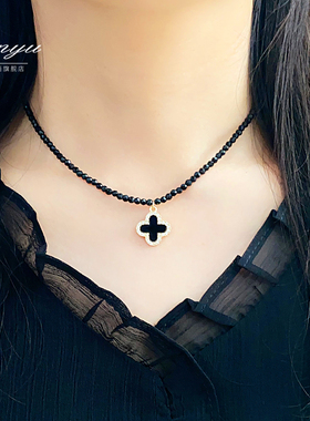 独特复古黑色四叶草项链女轻奢小众时尚高级锁骨链个性气质配饰