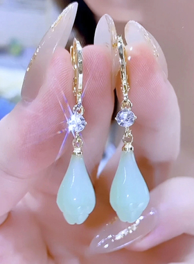 新中式古风绿色玉兰花水滴耳坠耳环轻奢复古精致百搭耳扣气质耳饰