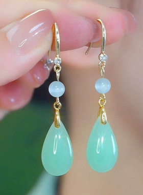 新中式古风绿色水滴吊坠耳环高级感小众设计汉服配饰旗袍耳坠耳饰