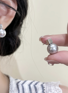 小方块灰色珍珠耳钉2025新款耳夹无耳洞耳环女轻奢小众高级感耳饰
