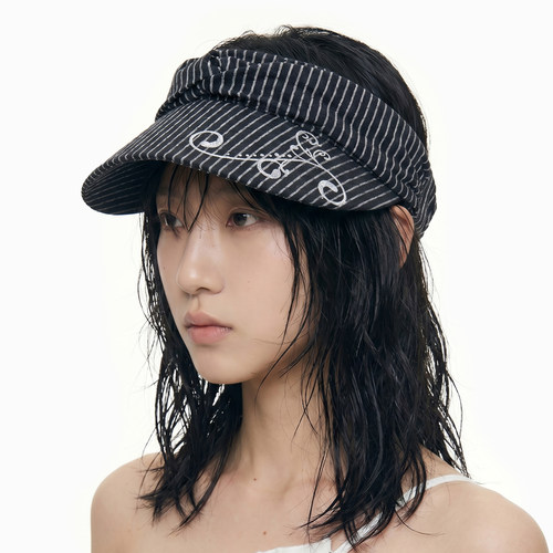 日系复古条纹褶皱空顶帽 小众闪粉印花设计感遮阳运动无顶帽女