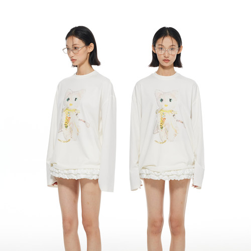 白色水晶猫印花长袖t恤女