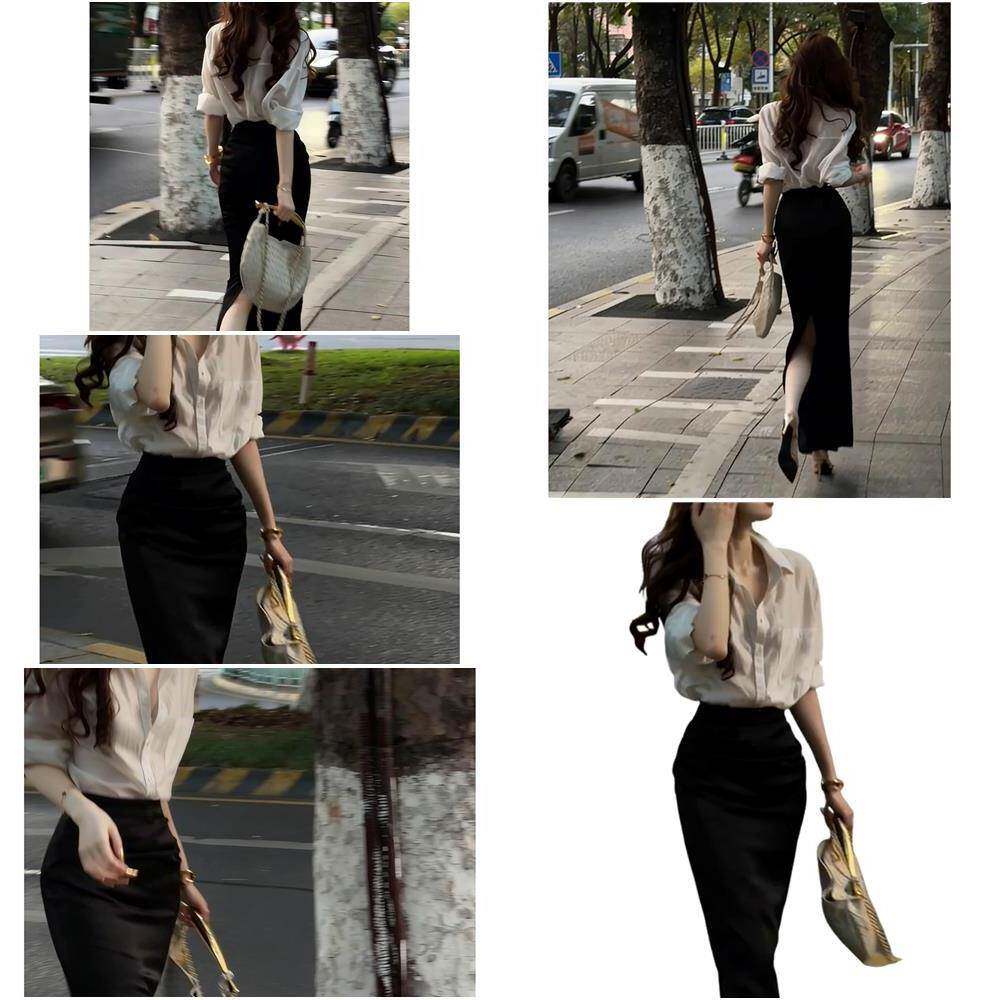 早春季气质感包臀连衣裙子女夏2026新款穿搭白色衬衫黑色长裙套装