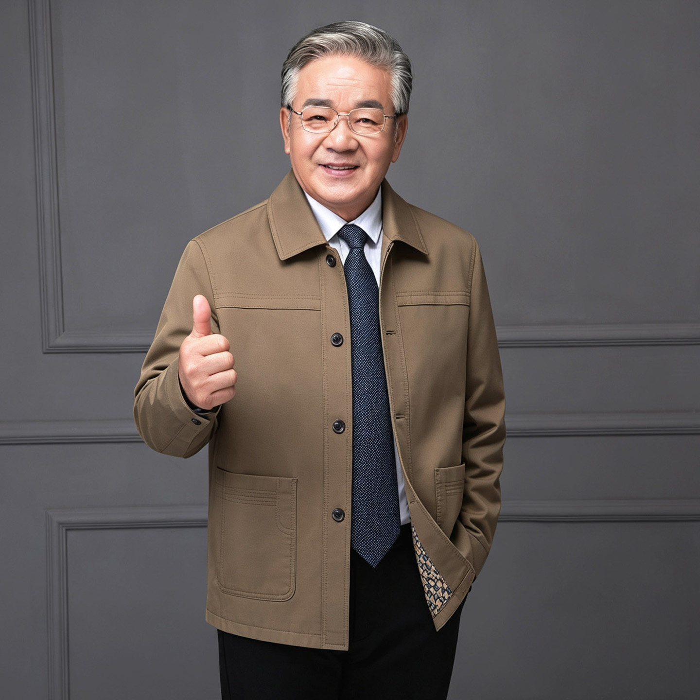 中老年春秋加大纯棉翻领口袋夹克