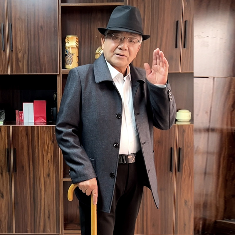 爸爸装中老年男士春秋翻领简约纯色宽松休闲百搭夹克外套男装上衣