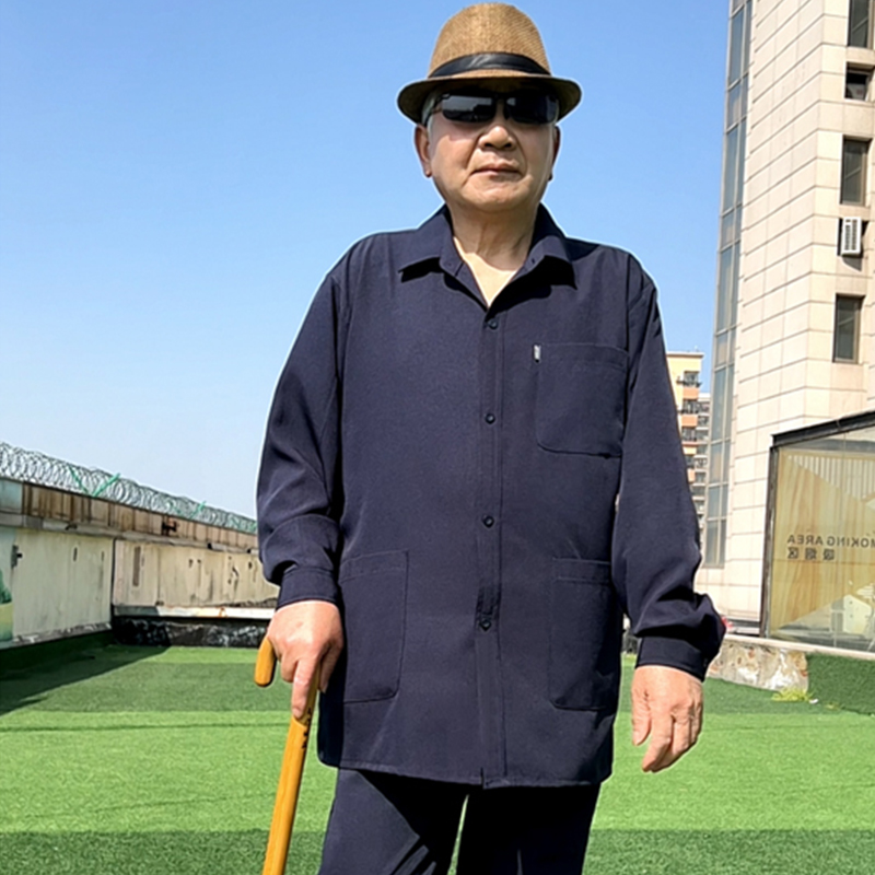 中老年男士襯衫爺爺裝長袖長褲套裝爸爸夏季寬松多口袋襯衣松緊褲