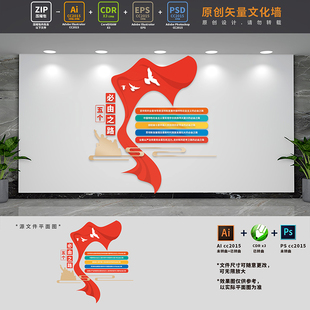 五个必由之路党建文化墙党员活动室会议室背景墙AI+CDR+PSD设计稿