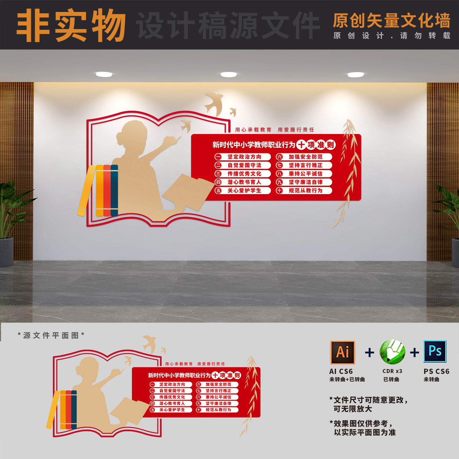 新时代中小学教师职业行为十项准则老师文化墙AI+CDR+PSD设计素材