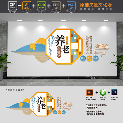 社区养老服务驿站老年人日间照料中心敬老院文化墙AI+CDR+PSD素材