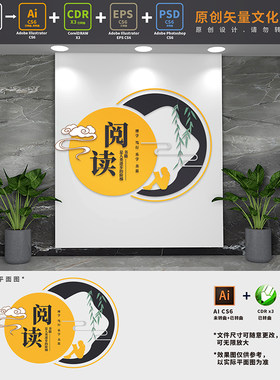 校园阅读电子阅览室读书文化墙图书馆书吧书屋背景AI+CDR+PSD素材