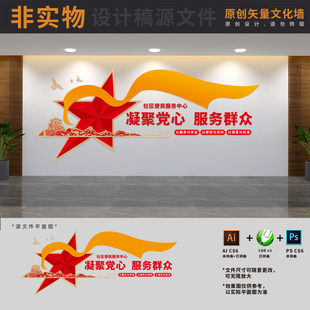 社区便民服务中心标语文化墙党群政务大厅背景墙AI+CDR+PSD设计稿