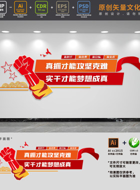 真抓实干党建文化墙党支部活动室会议室背景形象墙AI+CDR+PSD素材