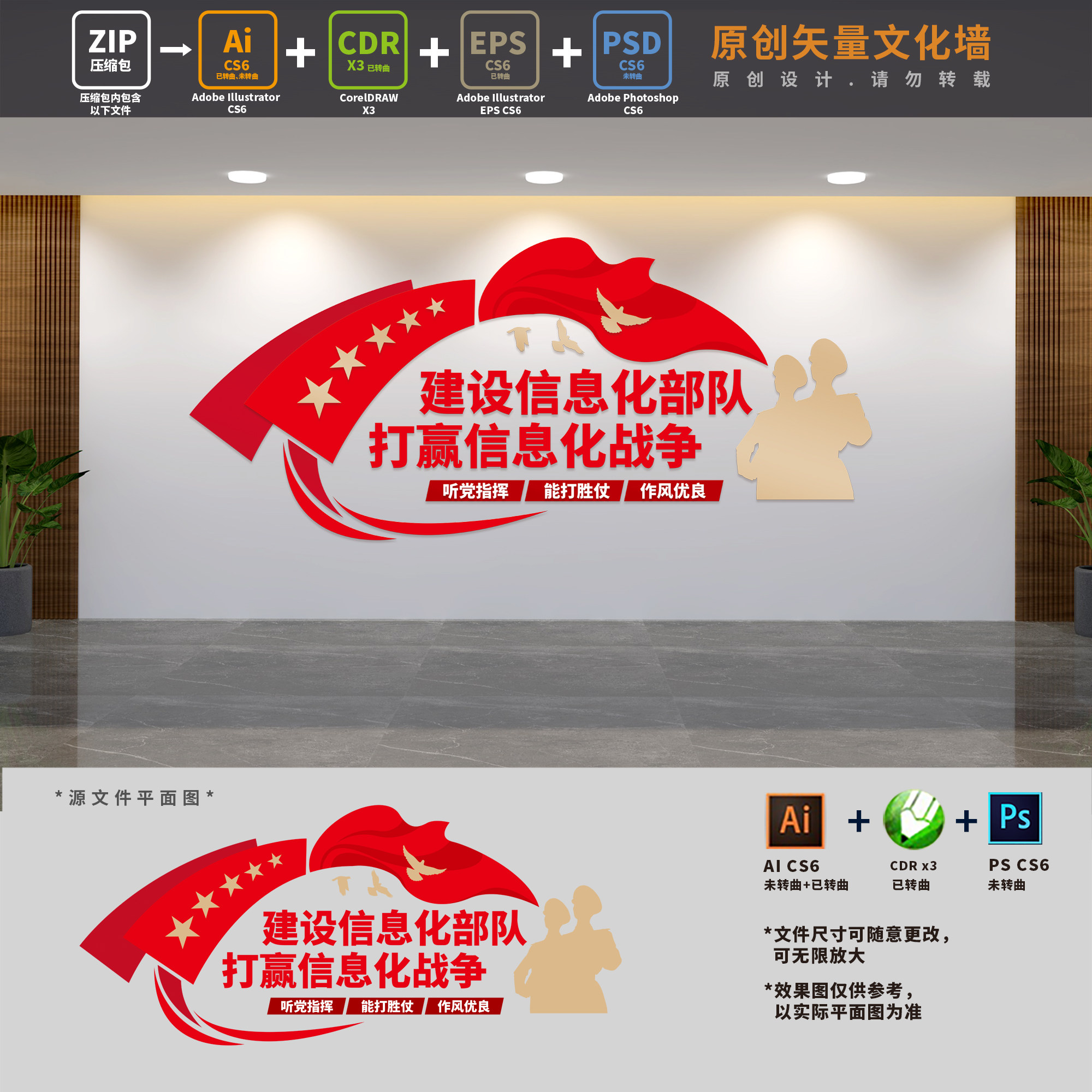 建设信息化部队党建标语文化墙军人军队军营口号AI+CDR+PSD设计稿