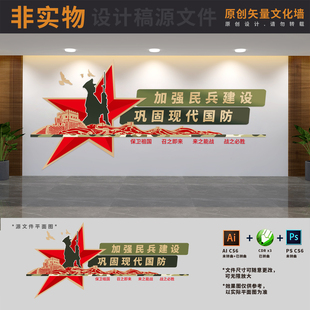 民兵之家国防人武部标语文化墙民防工作站宣传栏AI+CDR+PSD设计稿