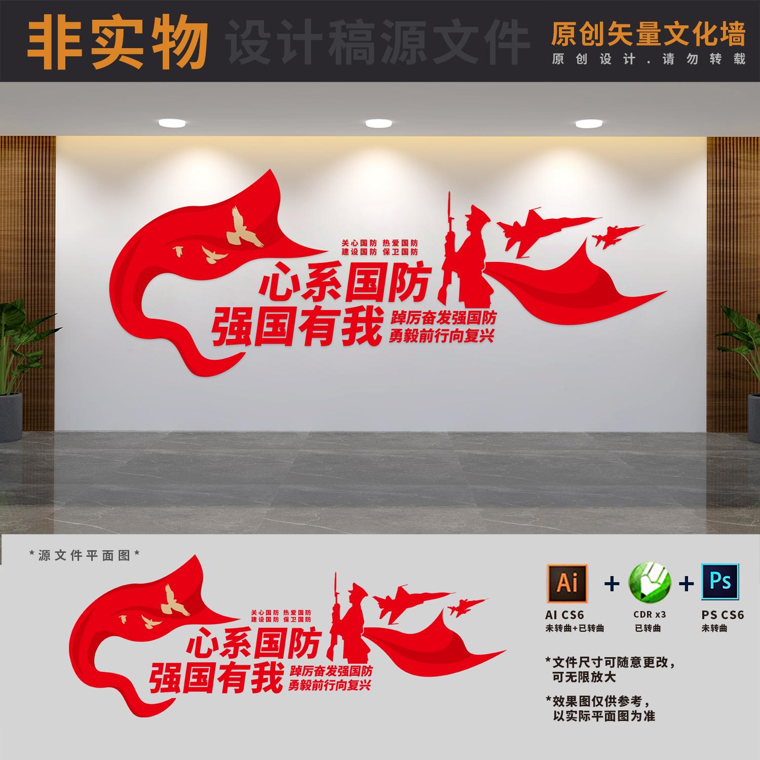 心系国防标语文化墙人武部民兵之家背景形象墙AI+CDR+PSD设计素材 - 实物图