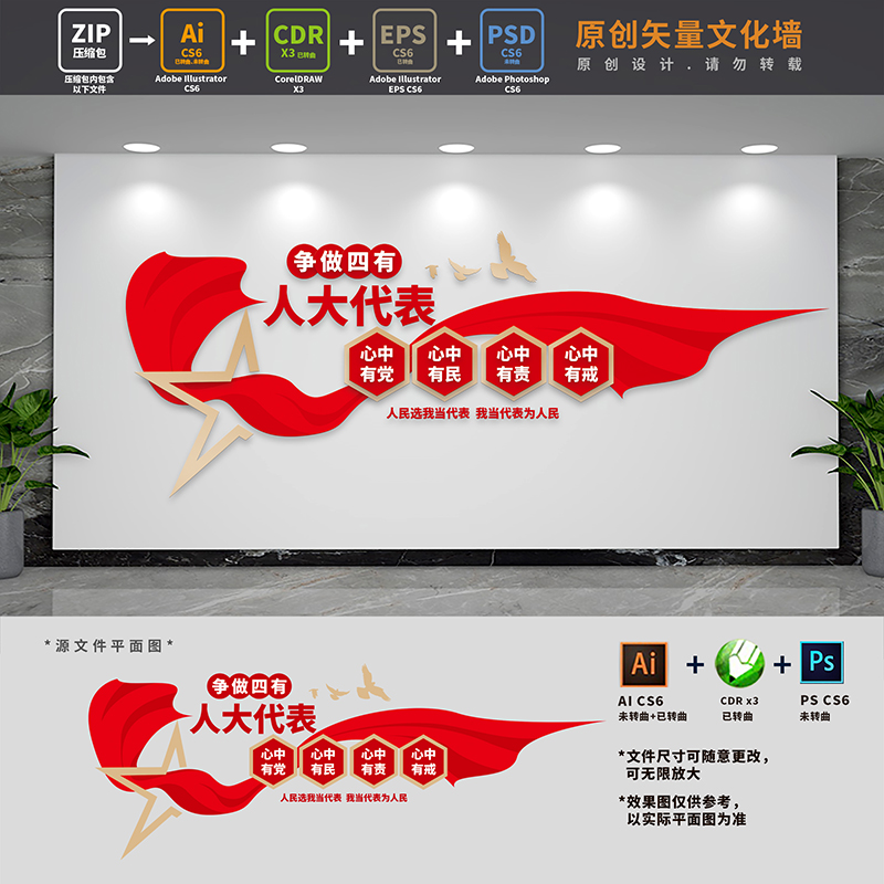 四有人大代表文化墙人大之家工作室党建标语背景墙AI+CDR+PSD素材