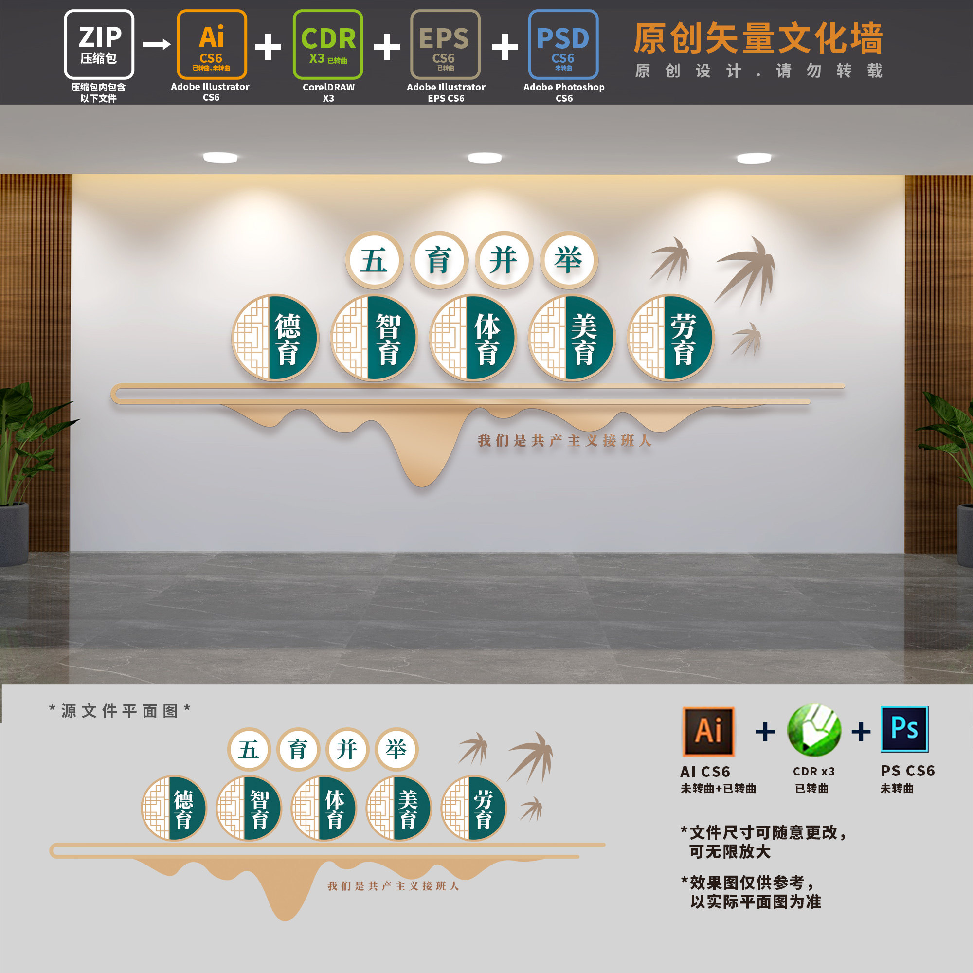 小学校园德智体美劳学校五育并举全面发展文化墙ai cdr psd设计稿