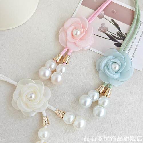 ins柔光浅蓝编织花朵窗帘束绳