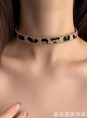 复古辣妹豹纹choker纽扣项圈女