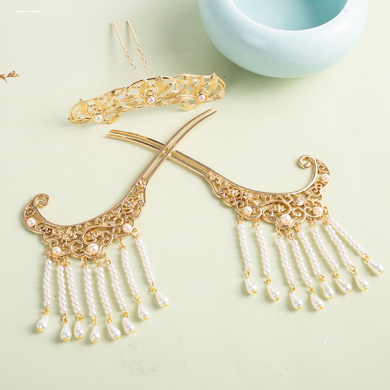 流苏步摇清冷感发饰仿珍珠发冠金色汉服配饰发簪淡雅发髻宫廷风